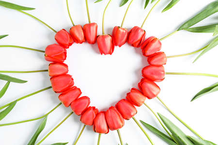 Beautiful red tulips laid out in the shape of a heart, space for text