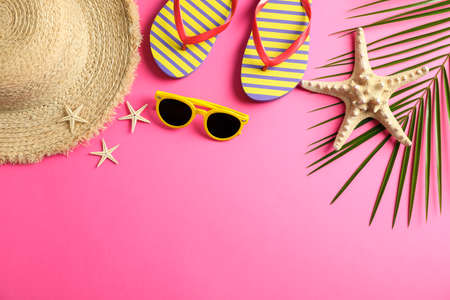 Summer vacation composition on color background. Space for text, top view