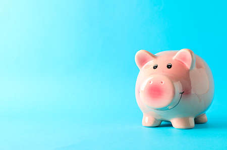 Happy piggy bank on color background, space for text. Finance, saving moneyの写真素材