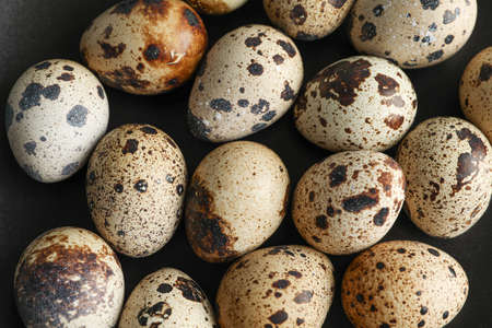 Many quail eggs on black background, closeup