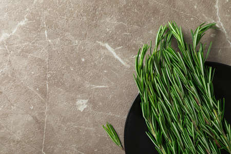 Plate with rosemary on grey table, top viewの写真素材