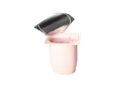 Plastic cup with cream yogurt isolated on white background, space for text