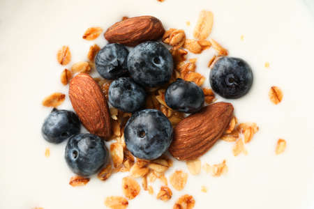 Parfaits dessert with fruits and nuts as background, closeupの写真素材