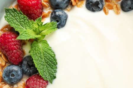 Composition with yogurt dessert and ingredients on white background, closeup