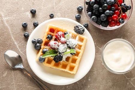 Composition of breakfast with belgian waffle, top viewの写真素材