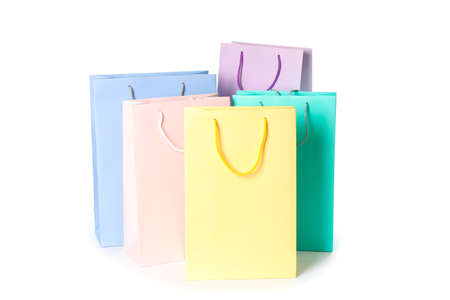 Multicolor paper bags isolated on white backgroundの写真素材