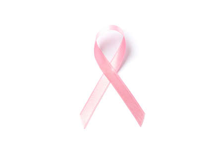 Pink awareness ribbon isolated on white background, top viewの写真素材