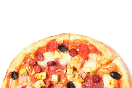 Pizza with sausage, meat, cheese and olives isolated on white backgroundの写真素材
