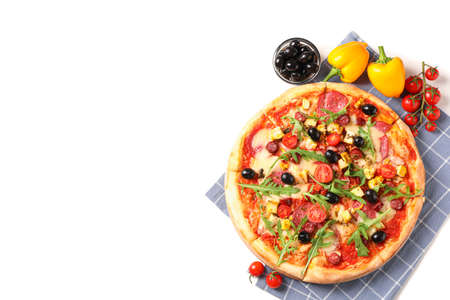 Tasty pizza, ingredients and towel isolated on white backgroundの写真素材