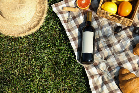 Picnic composition with wine and food against green grass, space for textの写真素材