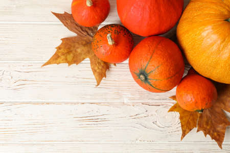 Composition with pumpkins and leaves on white wooden background, copy space