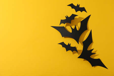 Decorative black bats on color background, copy spaceの写真素材