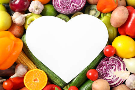 Different vegetables and fruits with empty space, top viewの写真素材