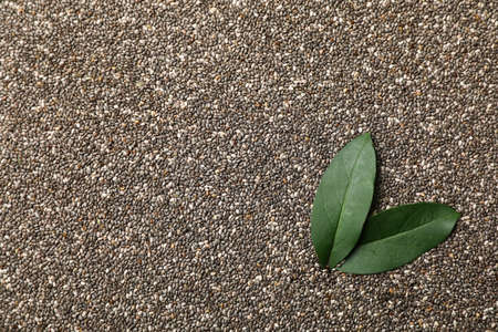 Chia seeds and leaves on whole background. Banner for your design