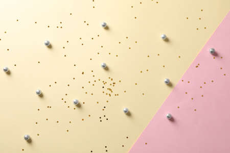 Glitter on two tone background, top view and space for text