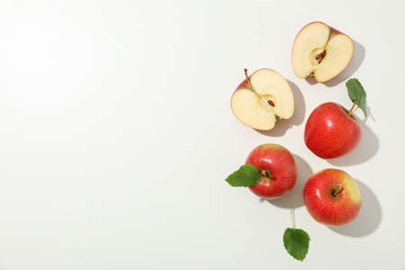 Flat lay with red apples on white background, space for textの写真素材