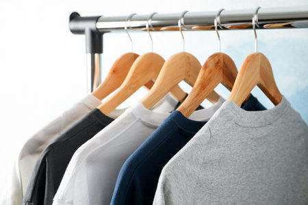 Rack with blank t-shirts on blue background, space for textの写真素材