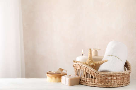 Composition with spa supplies on white wooden background, copy spaceの写真素材