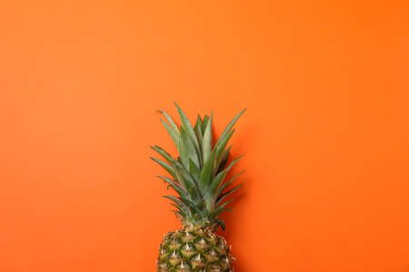 Top of pineapple on orange background, space for text. Juicy fruitの写真素材