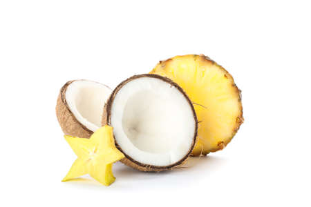 Pineapple, carambola and coconut isolated on white background