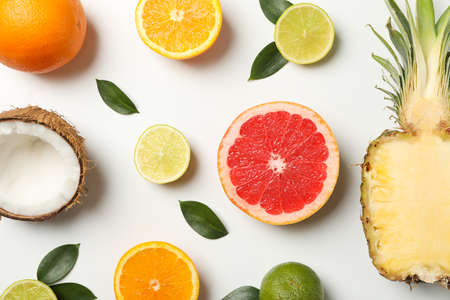 Flat lay with exotic fruits on white background, top viewの写真素材