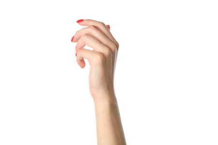 Woman hands, stylish red manicure isolated on white background, closeup. Healthcare conceptの写真素材