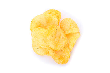 Potato chips isolated on white background, space for text. Top view