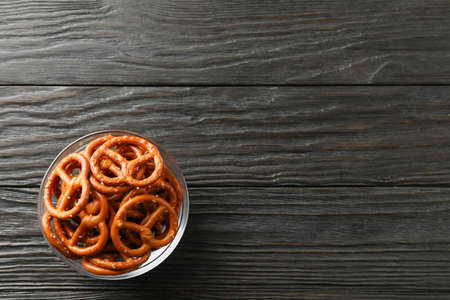 Beer snacks on wooden background, space for text. Top viewの写真素材