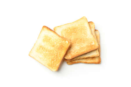 Slices of bread toasts isolated on white backgroundの写真素材