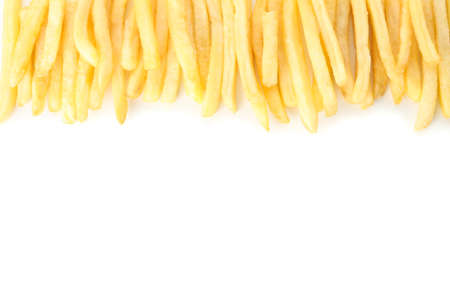 Flat lay with tasty french fries isolated on white background, top view