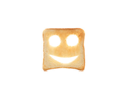 Tasty bread toast with happy face isolated on white background