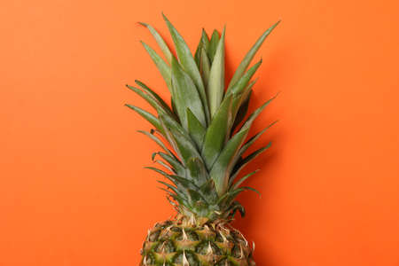 Top of pineapple on orange background, space for text. Juicy fruitの写真素材