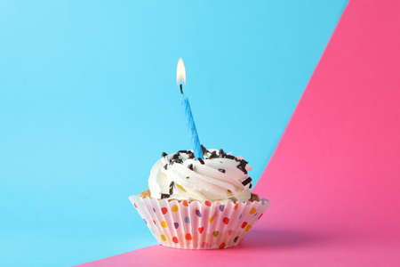 Cupcake with candle on two tone background, space for textの写真素材