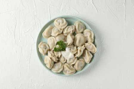Plate with dumplings on white background, close upの写真素材