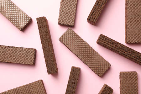 Flat lay with wafers on pink background, top viewの写真素材