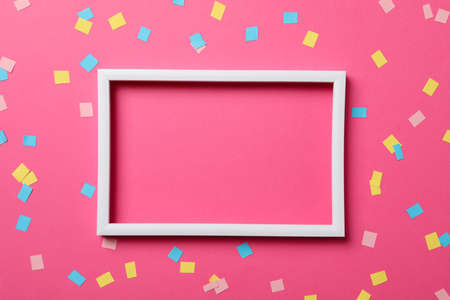 Frame on decorated pink background, space for textの写真素材