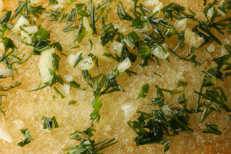 Tasty garlic bread texture background, close up