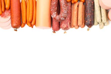 Frame of different sausages isolated on white background, top viewの写真素材