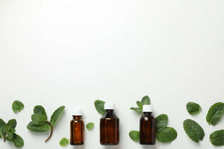 Brown bottles and mint on white background, space for text