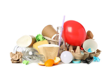 Bunch of different trash isolated on white background