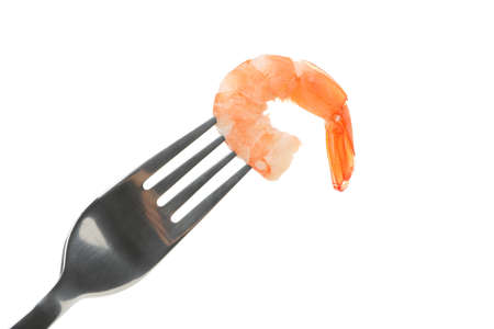 Fork with shrimps isolated on white background