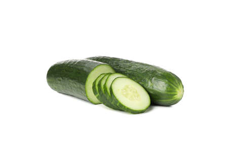 Fresh green cucumbers isolated on white backgroundの写真素材