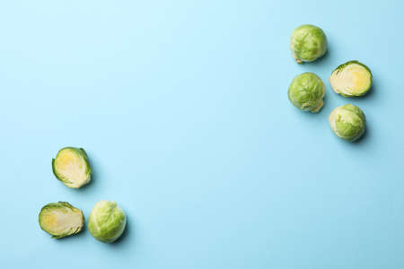 Brussels sprout on blue background, top view and space for textの写真素材