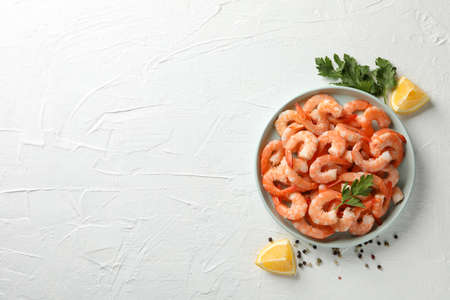 Composition with delicious shrimps on white background, top viewの写真素材