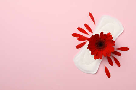 Sanitary pad with gerbera on pink background, top viewの写真素材