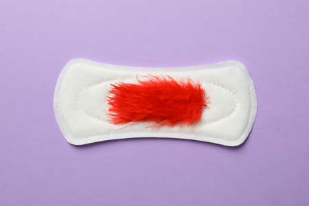 Sanitary pad with red feather on violet background, top viewの写真素材
