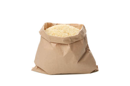 Paper bag with rice isolated on white backgroundの写真素材