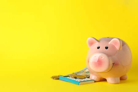 Piggy bank, money and calculator on yellow background, space for textの写真素材