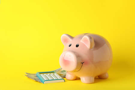 Piggy bank, money and calculator on yellow background, space for textの写真素材