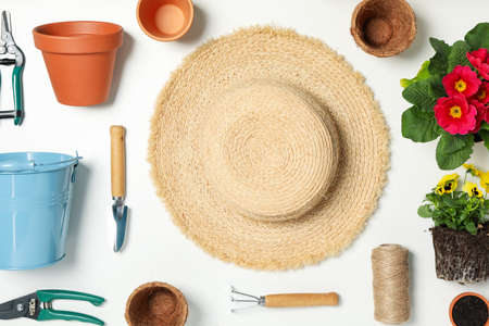 Composition with gardening tools and accessories on white background, top viewの写真素材